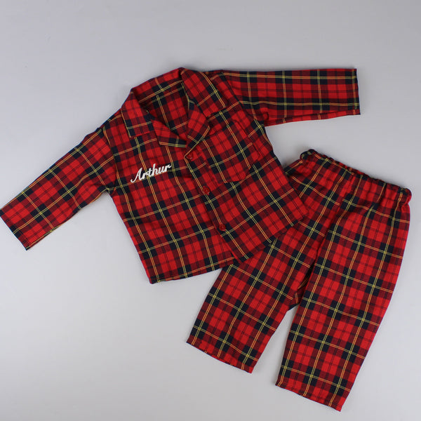 baby red tartan christmas pyjamas custom name