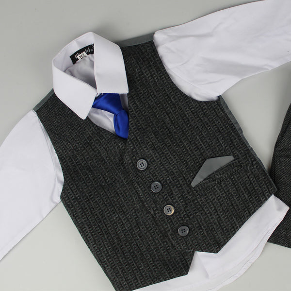 Baby Boys Charcoal Tweed Suit - Shorts, Shirt, Waistcoat, Tie