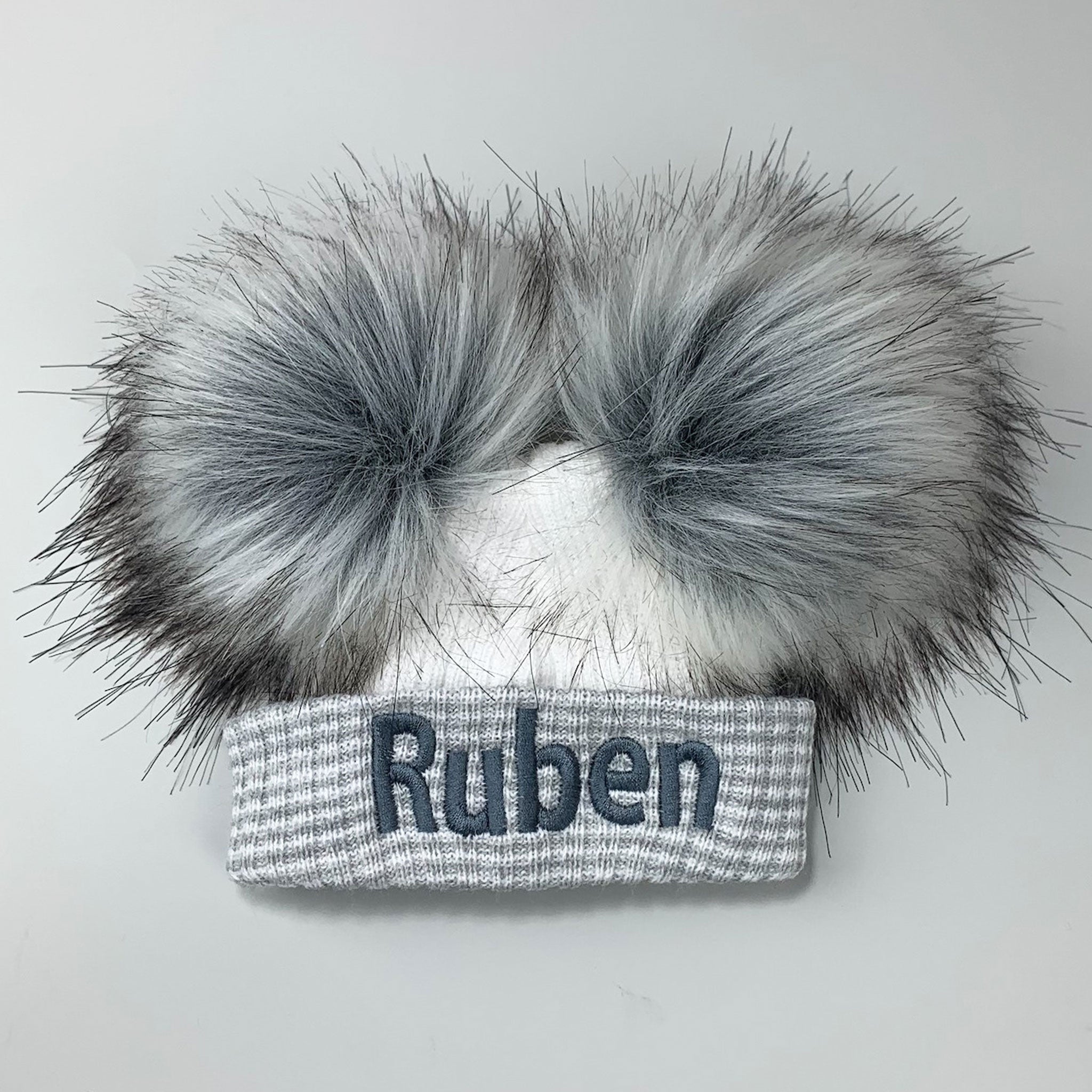 Newborn Baby Pom Hat - White Grey- Double Pom - First Size