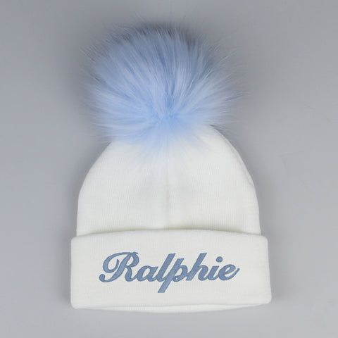 Personalised White Blue Pom Hat - 2 to 6 years