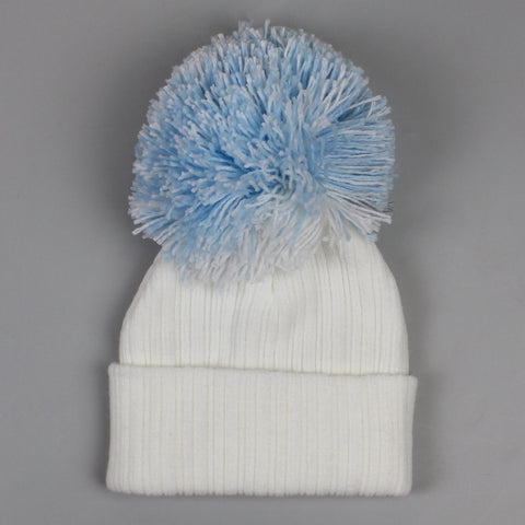 white blue pom pom hat