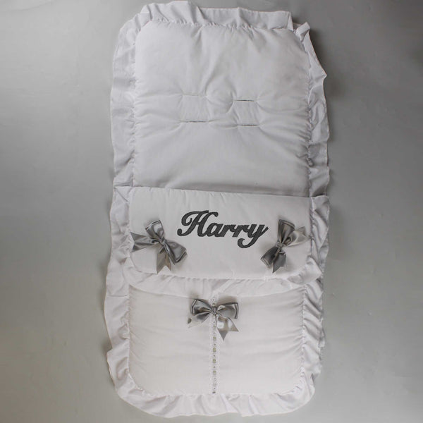 Personalised White Cosy Toes / Footmuff - With Grey Bows