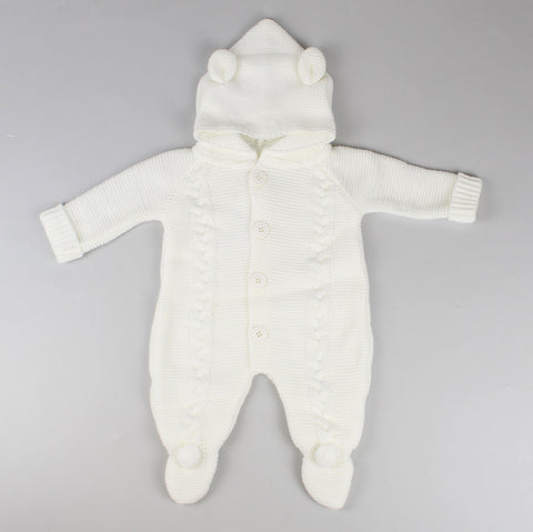 unisex white knitted baby pram suit outfit