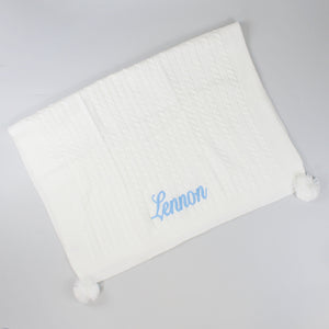personalised knitted baby blanket with poms white