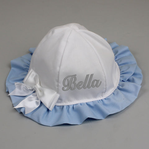 baby girl personalised sun hat white blue summer hat