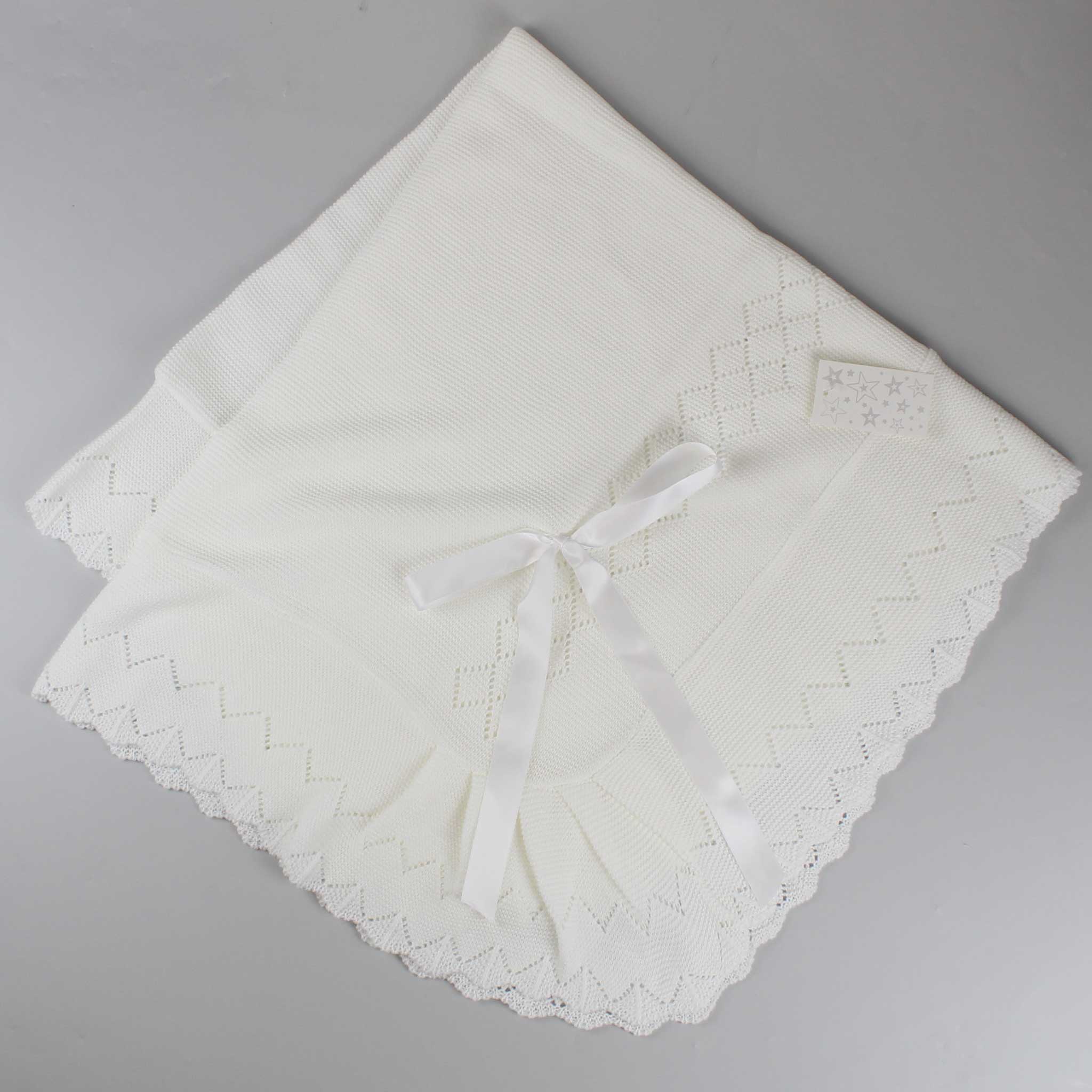 baby unisex knitted white shawl with bow
