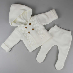 baby unisex white hooded outfit with trousers knitted set 
