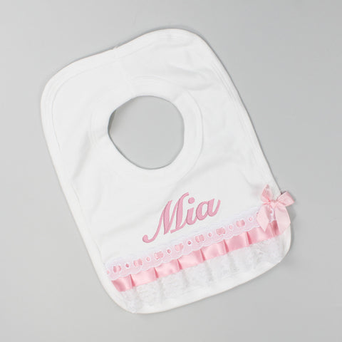 personalised bib white with pink ribbon for baby girl