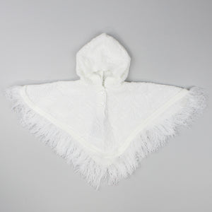Baby Girl Knitted Poncho with Hood - White