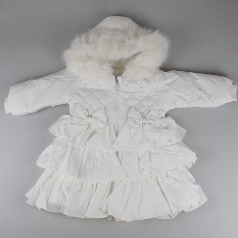 Girls White Puffer Quilted Winter Coat with Fur Trimmed Hood