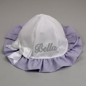 personalised sun hat baby girl white lilac summer sun hat