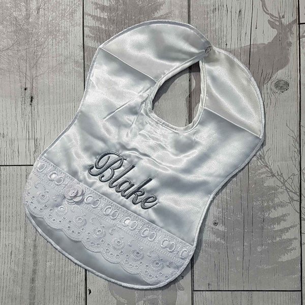 Personalised Baby Bib - Satin with lace and ribbon