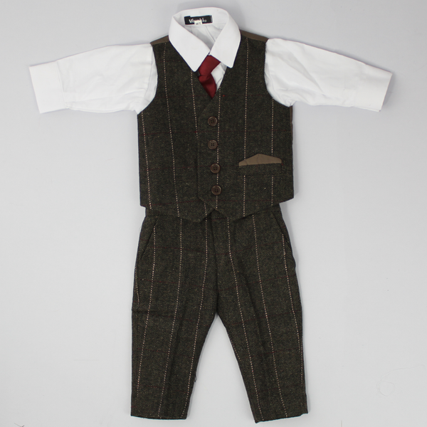 Baby Boys Brown Tweed Suit - Trousers, Shirt, Waistcoat, Tie