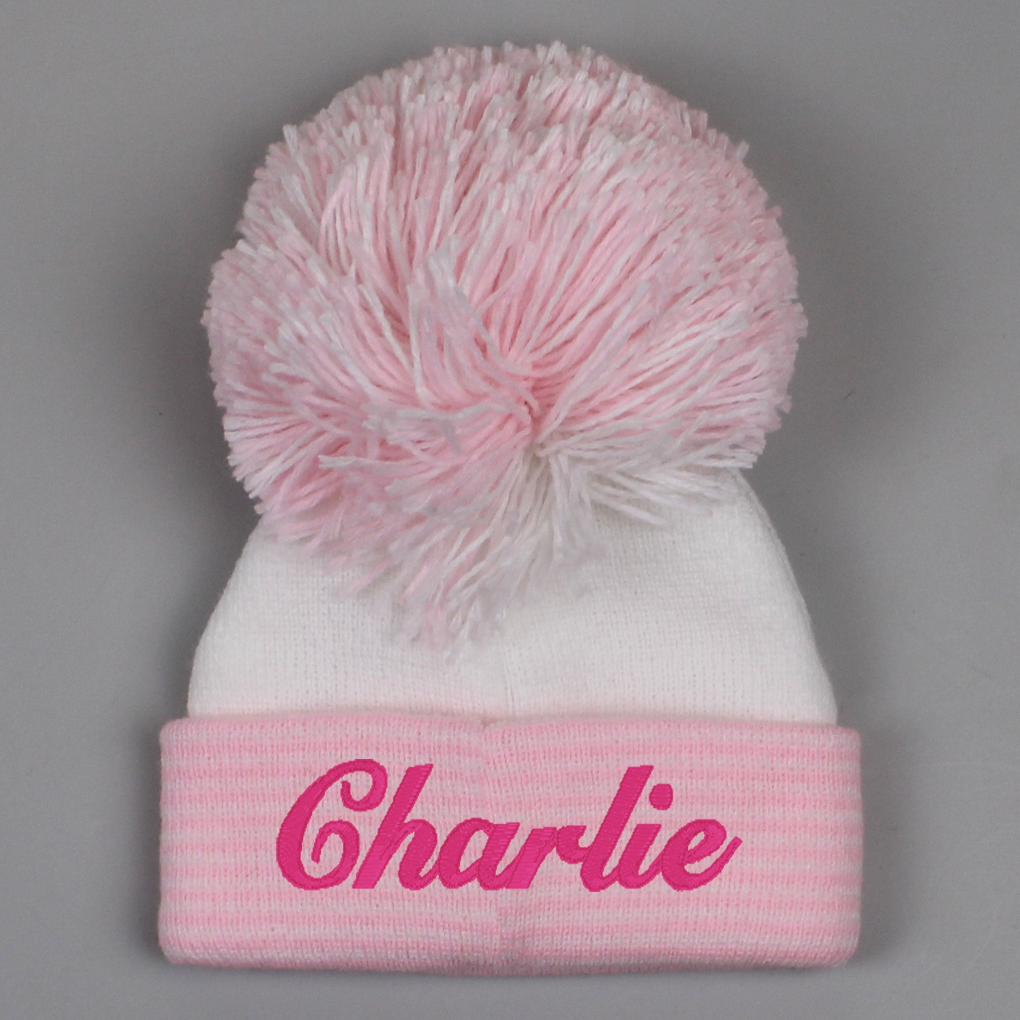 baby girls custom name pom hat in white and pink